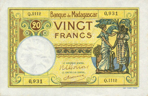 Лицевая сторона банкноты Мадагаскара номиналом 20 Франков
