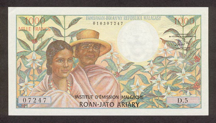 Лицевая сторона банкноты Мадагаскара номиналом 1000 Франков