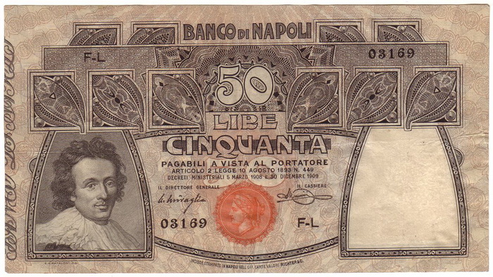 Лицевая сторона банкноты Италии номиналом 50 Лир
