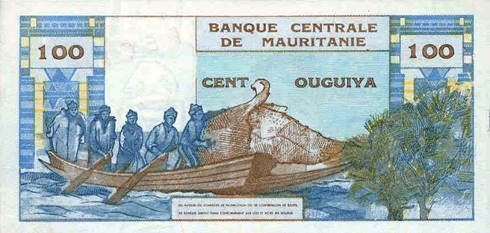 Обратная сторона банкноты Мавритании номиналом 100 Угий