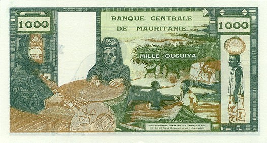 Обратная сторона банкноты Мавритании номиналом 1000 Угий
