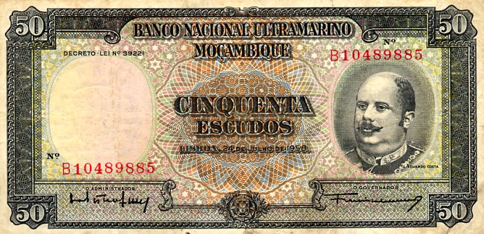 Лицевая сторона банкноты Мозамбика номиналом 50 Эскудо