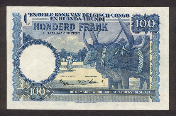 Обратная сторона банкноты Демократической Республики Конго номиналом 100 Франков
