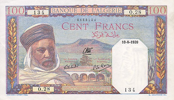 Лицевая сторона банкноты Алжира номиналом 100 Франков