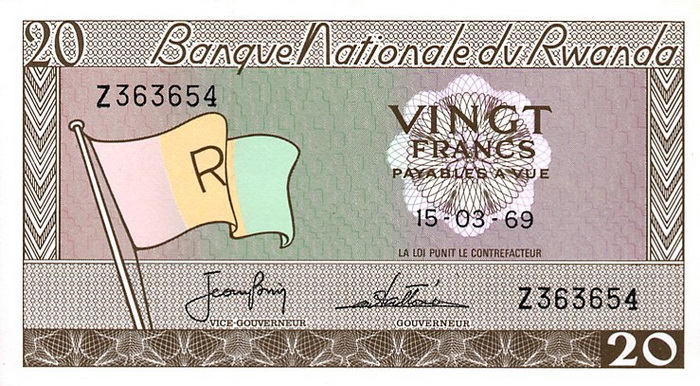 Лицевая сторона банкноты Руанды номиналом 20 Франков