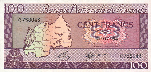 Лицевая сторона банкноты Руанды номиналом 100 Франков