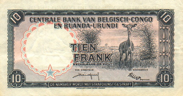 Обратная сторона банкноты Демократической Республики Конго номиналом 10 Франков