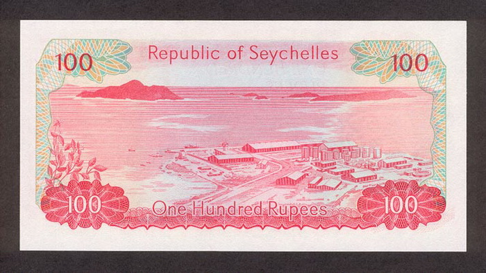 Обратная сторона банкноты Сейшел номиналом 100 Рупий