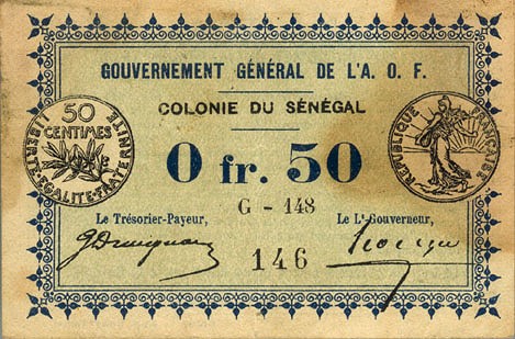 Лицевая сторона банкноты Сенегала номиналом 50 Сантимов