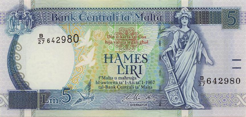 Лицевая сторона банкноты Мальты номиналом 5 Лир