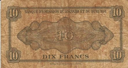 Обратная сторона банкноты Бурунди номиналом 10 Франков
