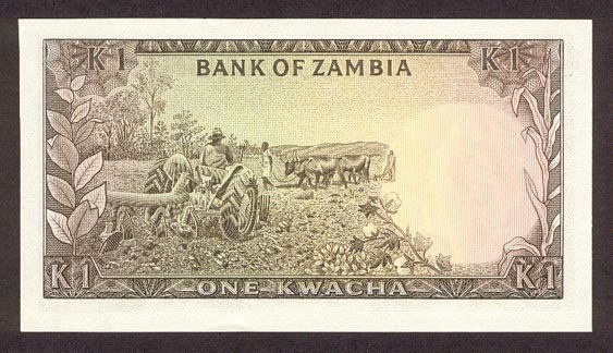 Обратная сторона банкноты Замбии номиналом 1 Квача