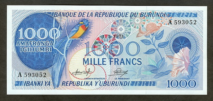 Лицевая сторона банкноты Бурунди номиналом 1000 Франков