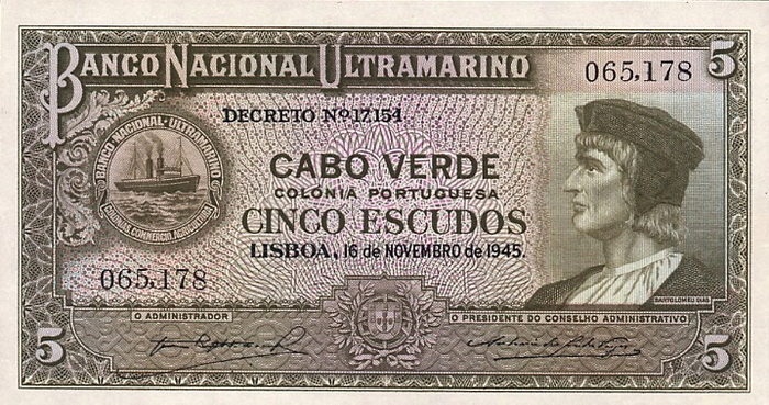 Лицевая сторона банкноты Кабо-Верде номиналом 5 Эскудо