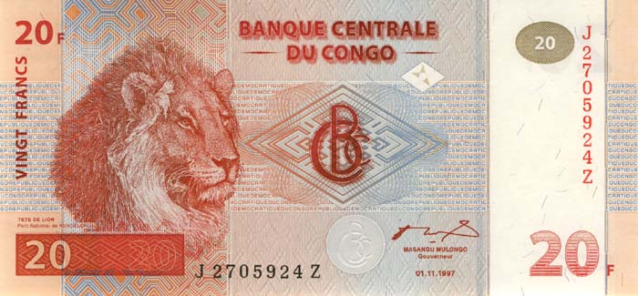 Лицевая сторона банкноты Демократической Республики Конго номиналом 20 Франков