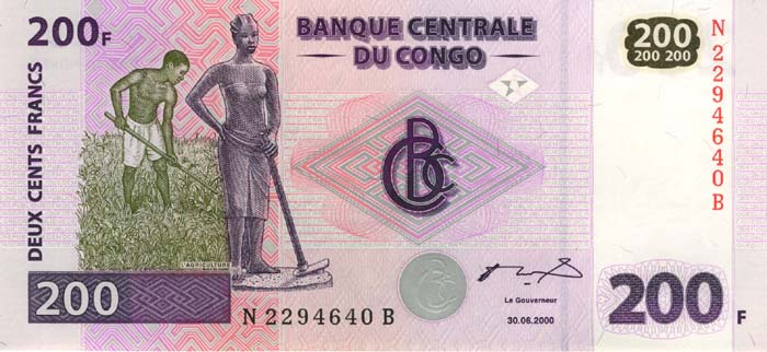 Лицевая сторона банкноты Демократической Республики Конго номиналом 200 Франков