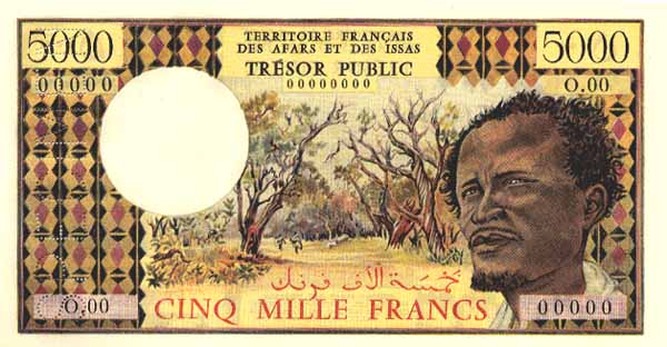 Лицевая сторона банкноты Джибути номиналом 5000 Франков