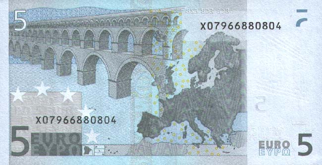 Обратная сторона банкноты Италии номиналом 5 Евро