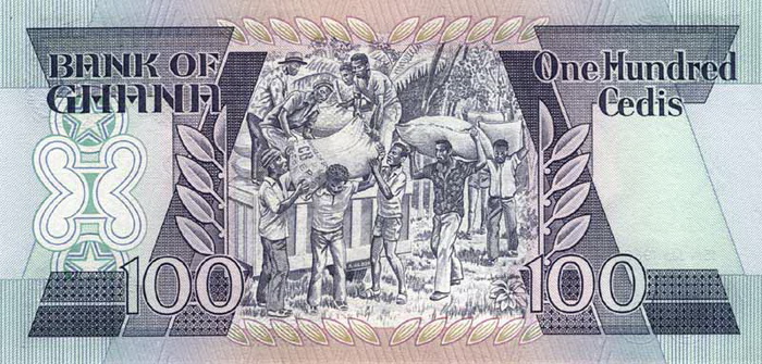 Обратная сторона банкноты Ганы номиналом 100 Седи