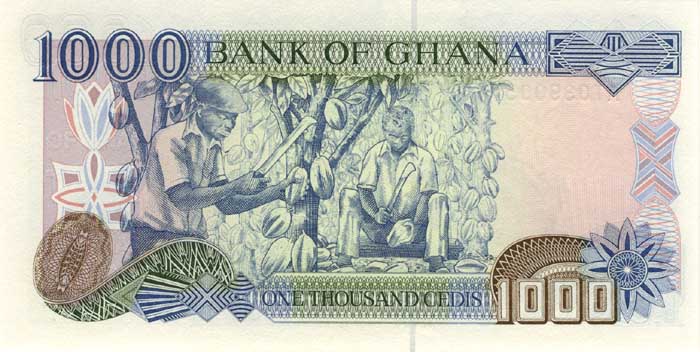 Обратная сторона банкноты Ганы номиналом 1000 Седи