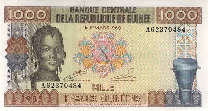 Лицевая сторона банкноты Гвинеи номиналом 1000 Франков
