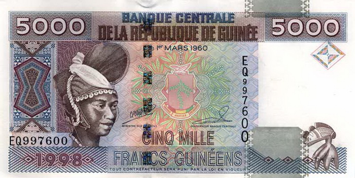 Лицевая сторона банкноты Гвинеи номиналом 5000 Франков