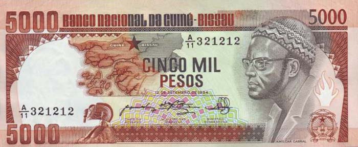 Лицевая сторона банкноты Гвинеи-Бисау номиналом 5000 Песо
