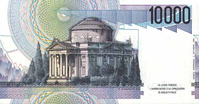 Обратная сторона банкноты Италии номиналом 10000 Лир