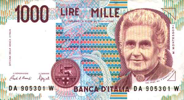 Лицевая сторона банкноты Италии номиналом 1000 Лир