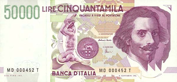 Лицевая сторона банкноты Италии номиналом 50000 Лир