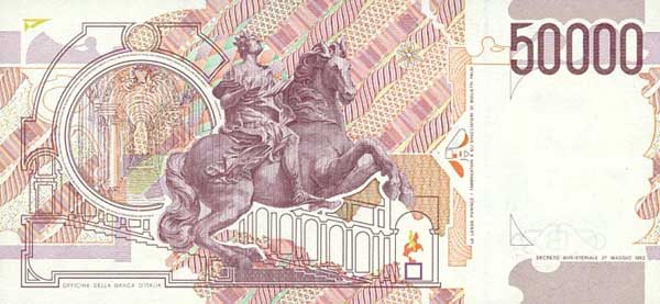 Обратная сторона банкноты Италии номиналом 50000 Лир