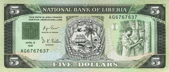 Лицевая сторона банкноты Либерии номиналом 5 Долларов