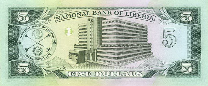 Обратная сторона банкноты Либерии номиналом 5 Долларов