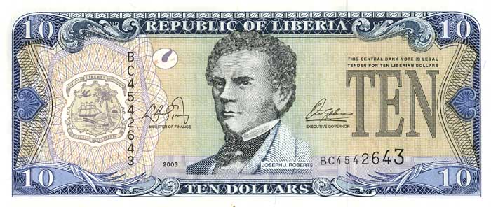 Лицевая сторона банкноты Либерии номиналом 10 Долларов
