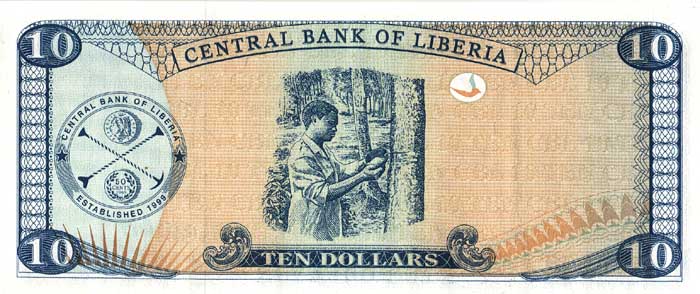 Обратная сторона банкноты Либерии номиналом 10 Долларов