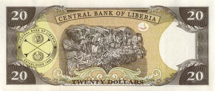 Обратная сторона банкноты Либерии номиналом 20 Долларов