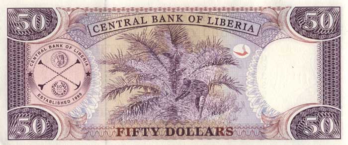 Обратная сторона банкноты Либерии номиналом 50 Долларов