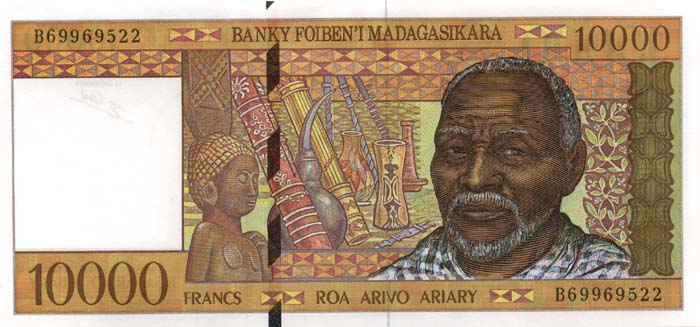 Лицевая сторона банкноты Мадагаскара номиналом 10000 Франков