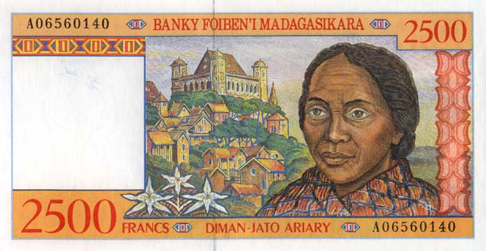 Лицевая сторона банкноты Мадагаскара номиналом 2500 Франков