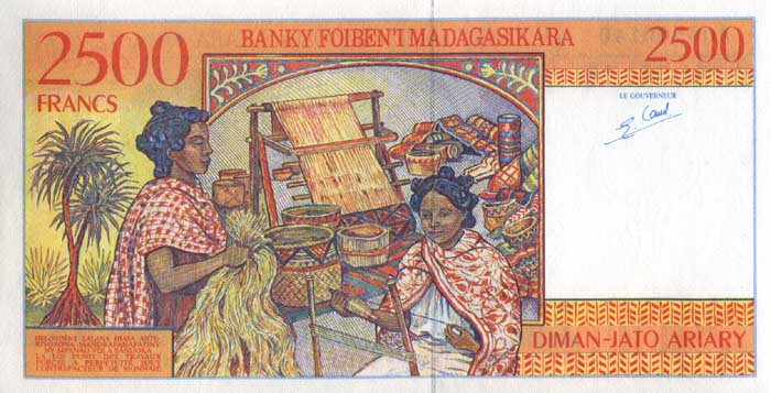 Обратная сторона банкноты Мадагаскара номиналом 2500 Франков