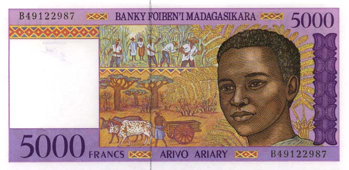 Лицевая сторона банкноты Мадагаскара номиналом 5000 Франков