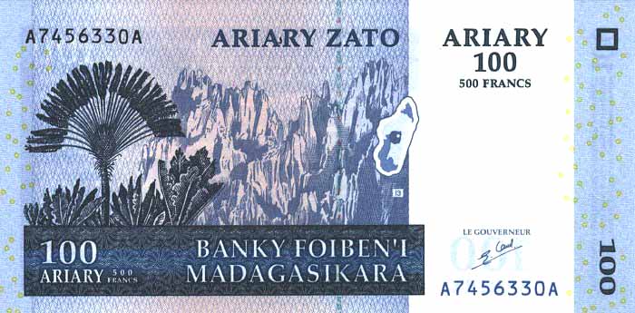 Лицевая сторона банкноты Мадагаскара номиналом 100 Ариари