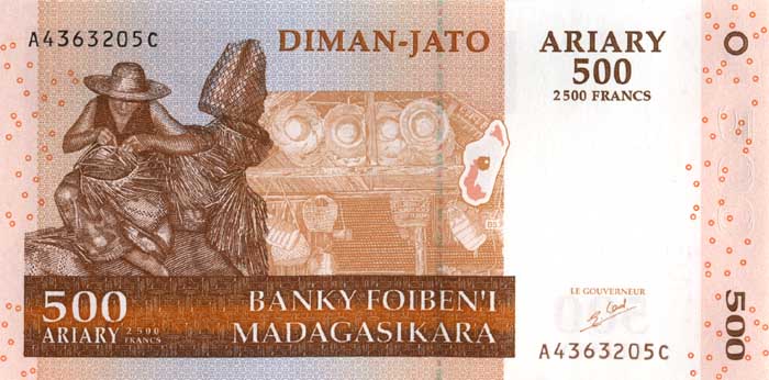 Лицевая сторона банкноты Мадагаскара номиналом 500 Ариари