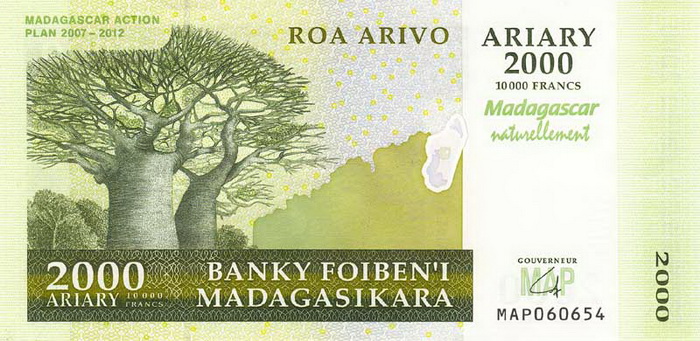 Лицевая сторона банкноты Мадагаскара номиналом 2000 Ариари