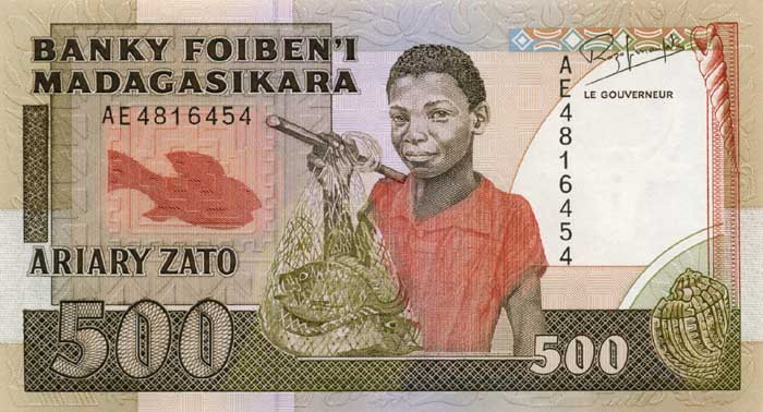 Лицевая сторона банкноты Мадагаскара номиналом 500 Франков