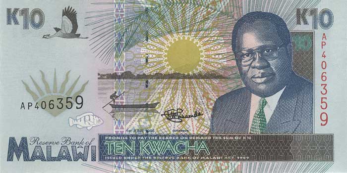 Лицевая сторона банкноты Малави номиналом 10 Квач