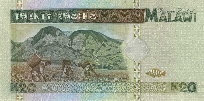 Обратная сторона банкноты Малави номиналом 20 Квач