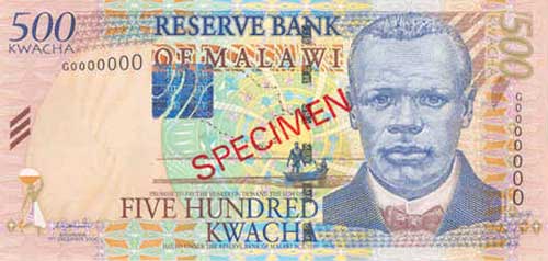 Лицевая сторона банкноты Малави номиналом 500 Квач