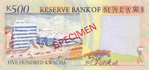 Обратная сторона банкноты Малави номиналом 500 Квач
