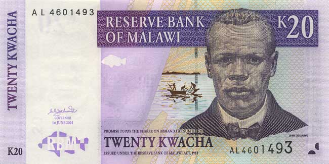 Лицевая сторона банкноты Малави номиналом 20 Квач